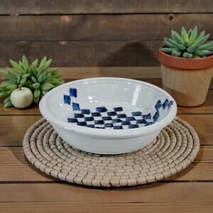Studio Pottery Contemporary Style Ceramic Bowl Blue & Gray Check Square Pattern